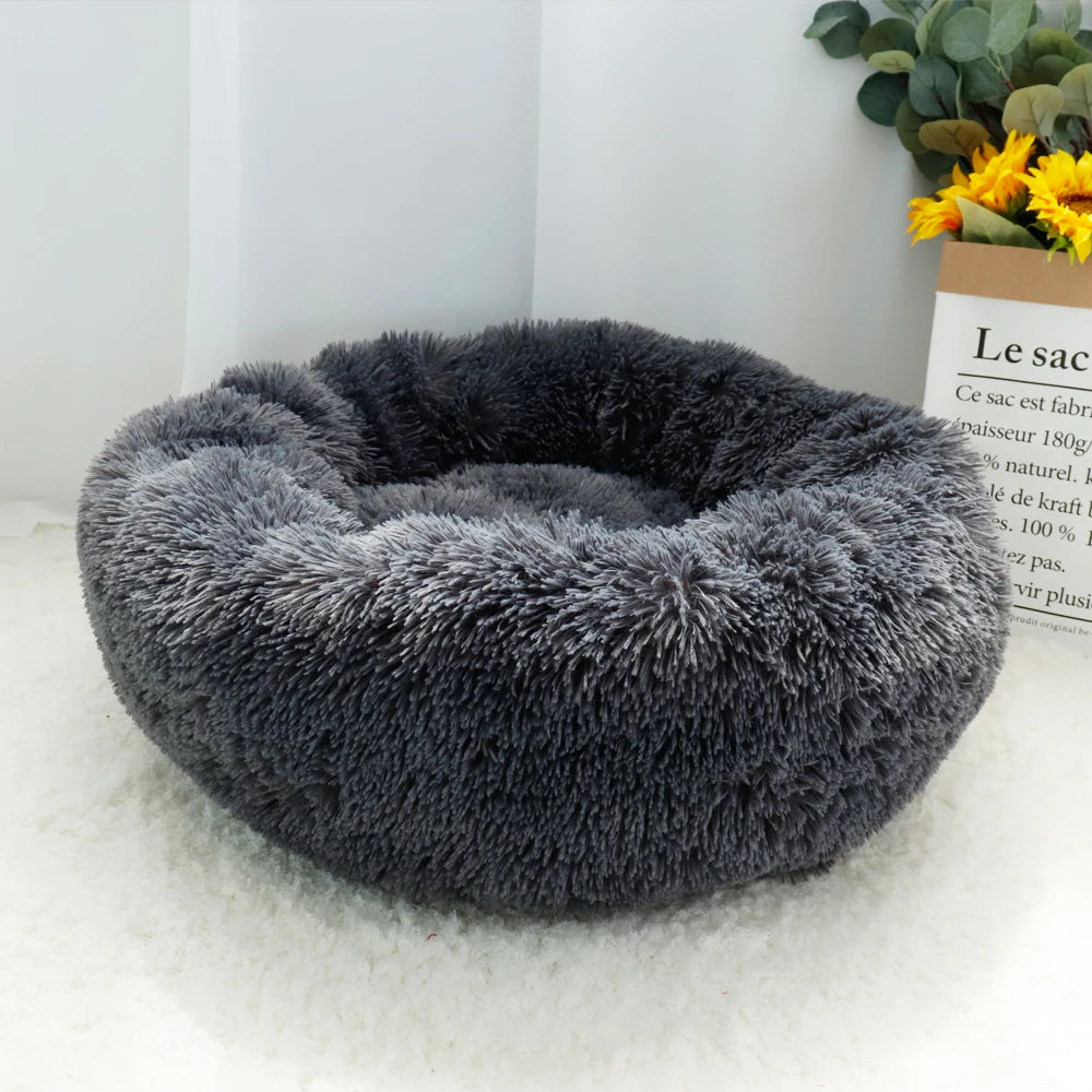 Fluffy Calming Dog Bed Long Plush Donut Pet Bed Hondenmand Round Orthopedic Lounger Sleeping Bag Kennel Cat Puppy Sofa Bed House